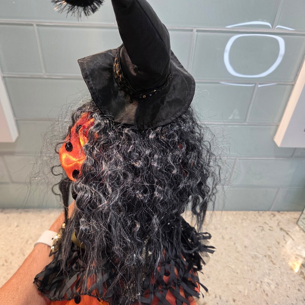 Halloween Shelf Sitter Witch Doll 30" Green Face Sequin Tulle Dress Spider - Picture 11 of 14